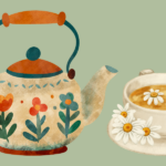 Teekanne mit Teetasse und Teekräutern
